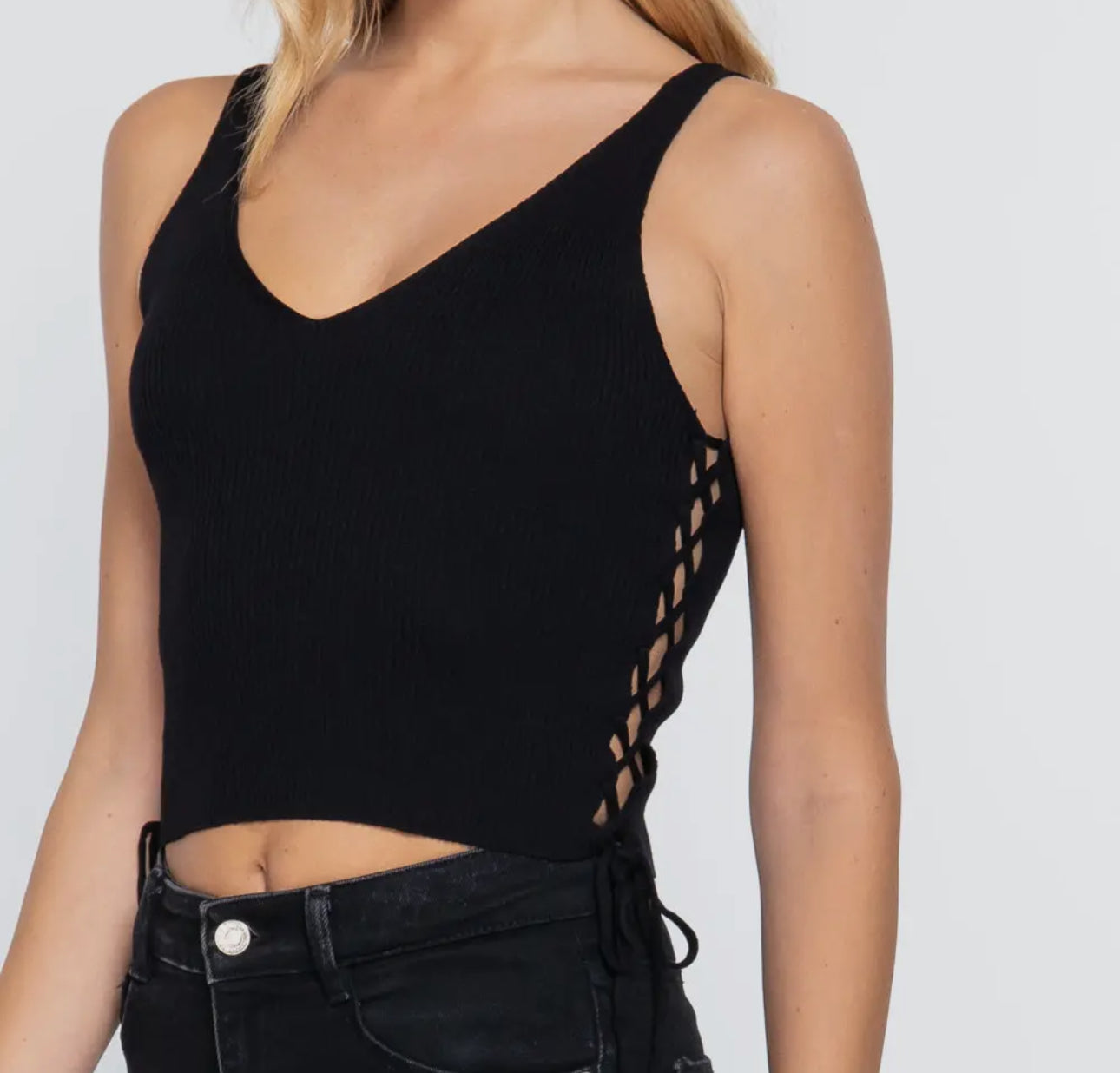 V-Neck Side Ruched Sweater Top-Black
