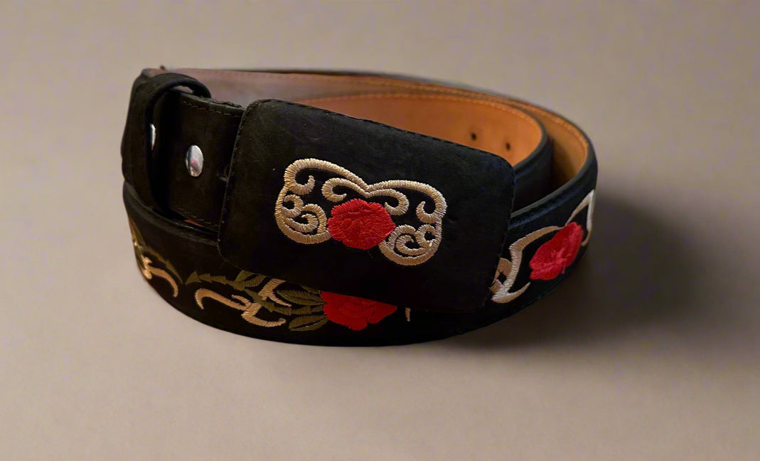 Western Black Red Rose Belt and Buckle-Black