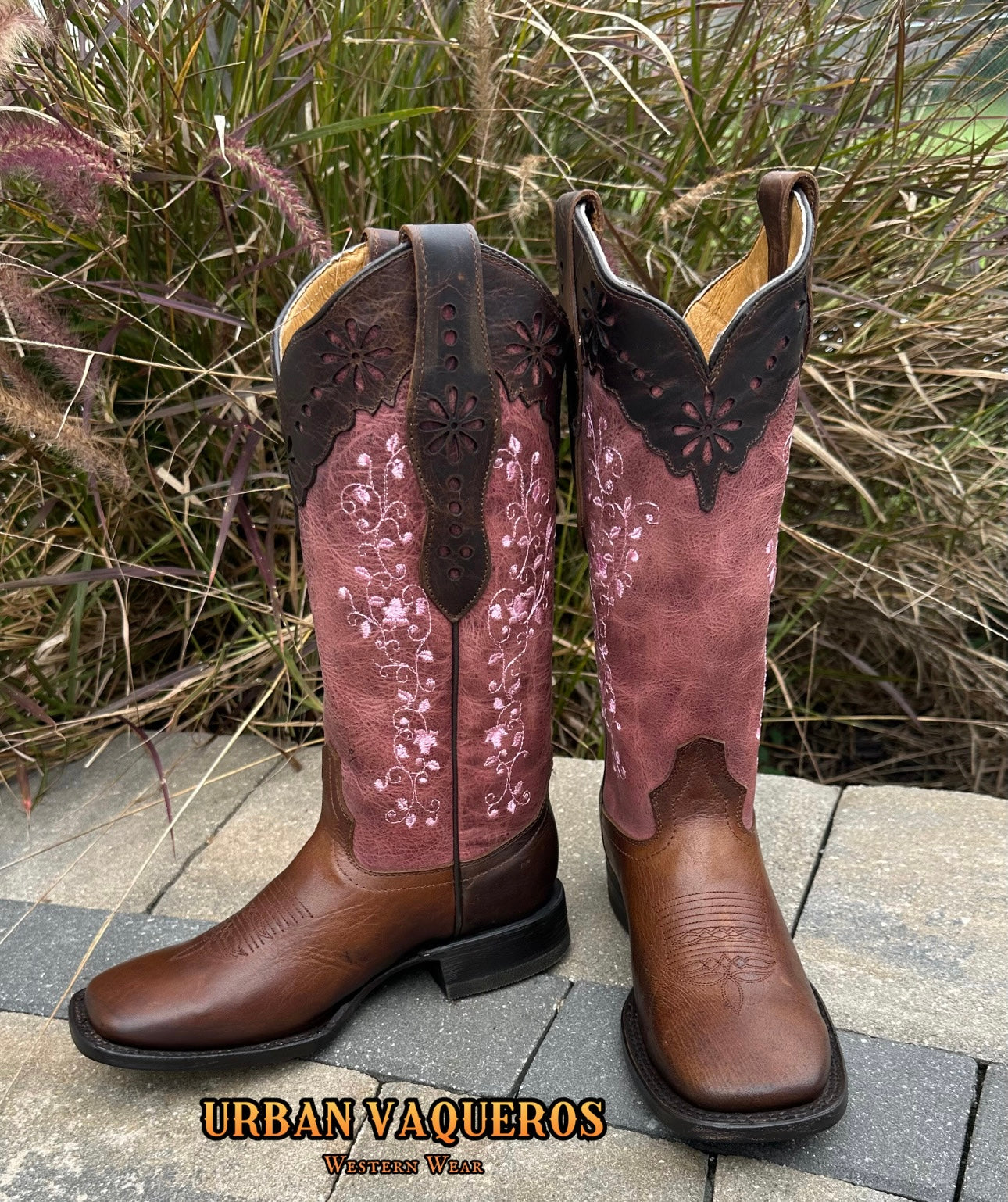Pink Embroidered Cowgirl Boots-Square Toe Damiana Tan