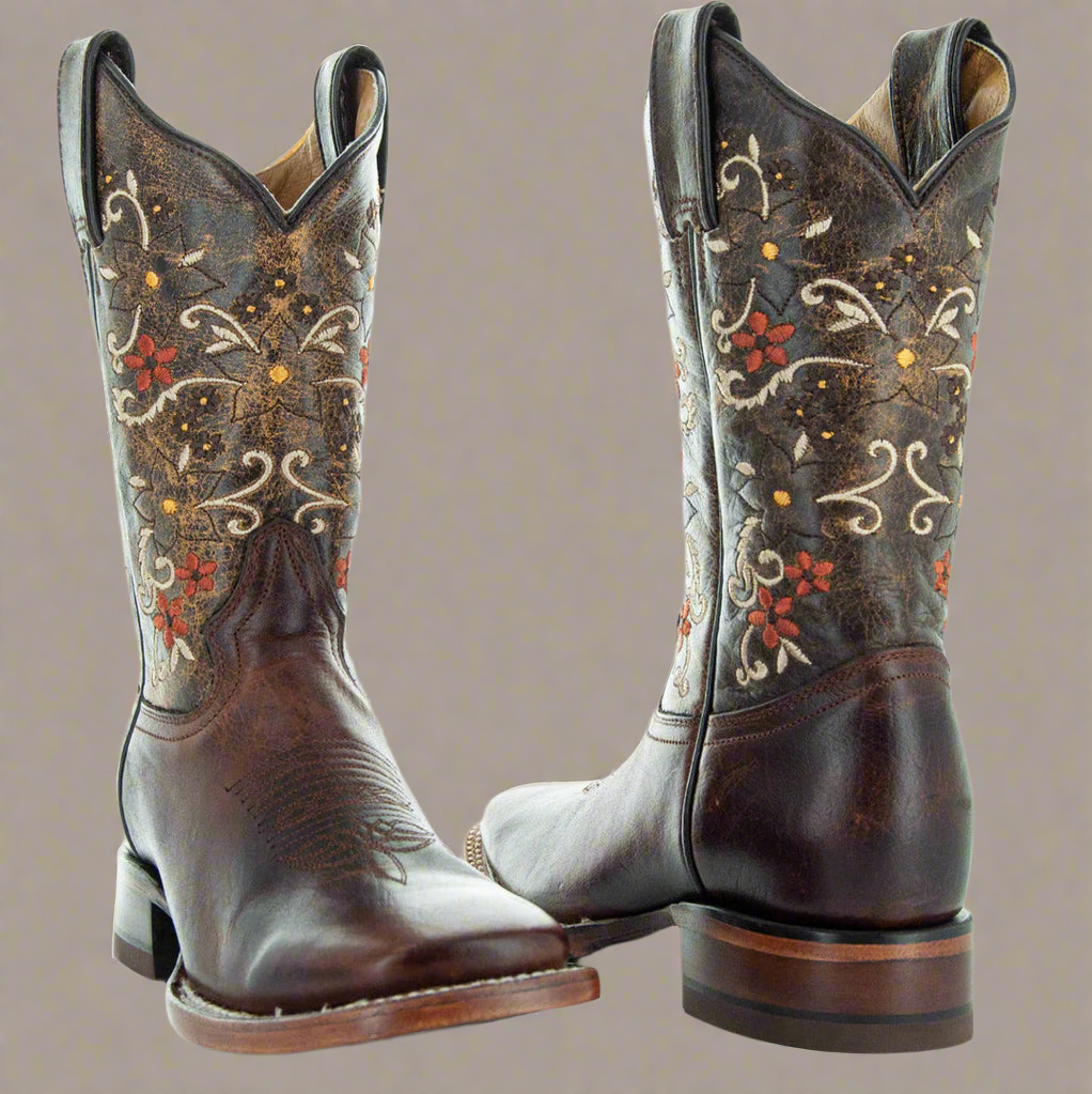 Brown Floral Embroidered-Square Toe