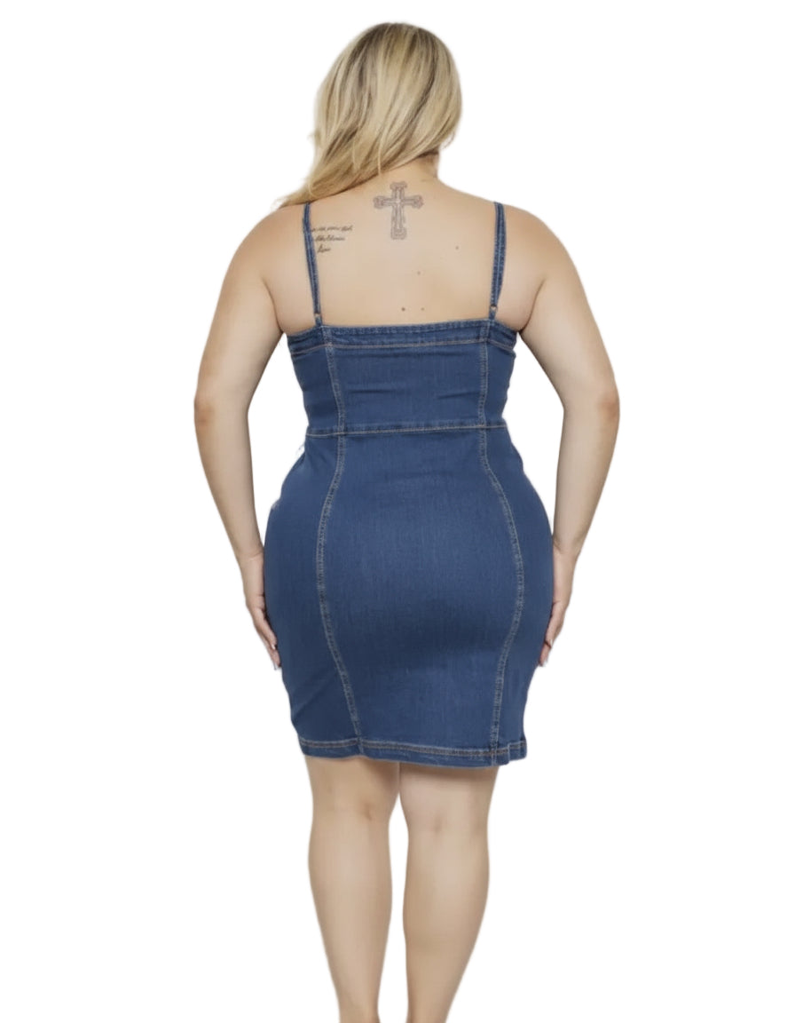 Curvy Denim Square Neck Button-Down Mini Dress with Side Pockets