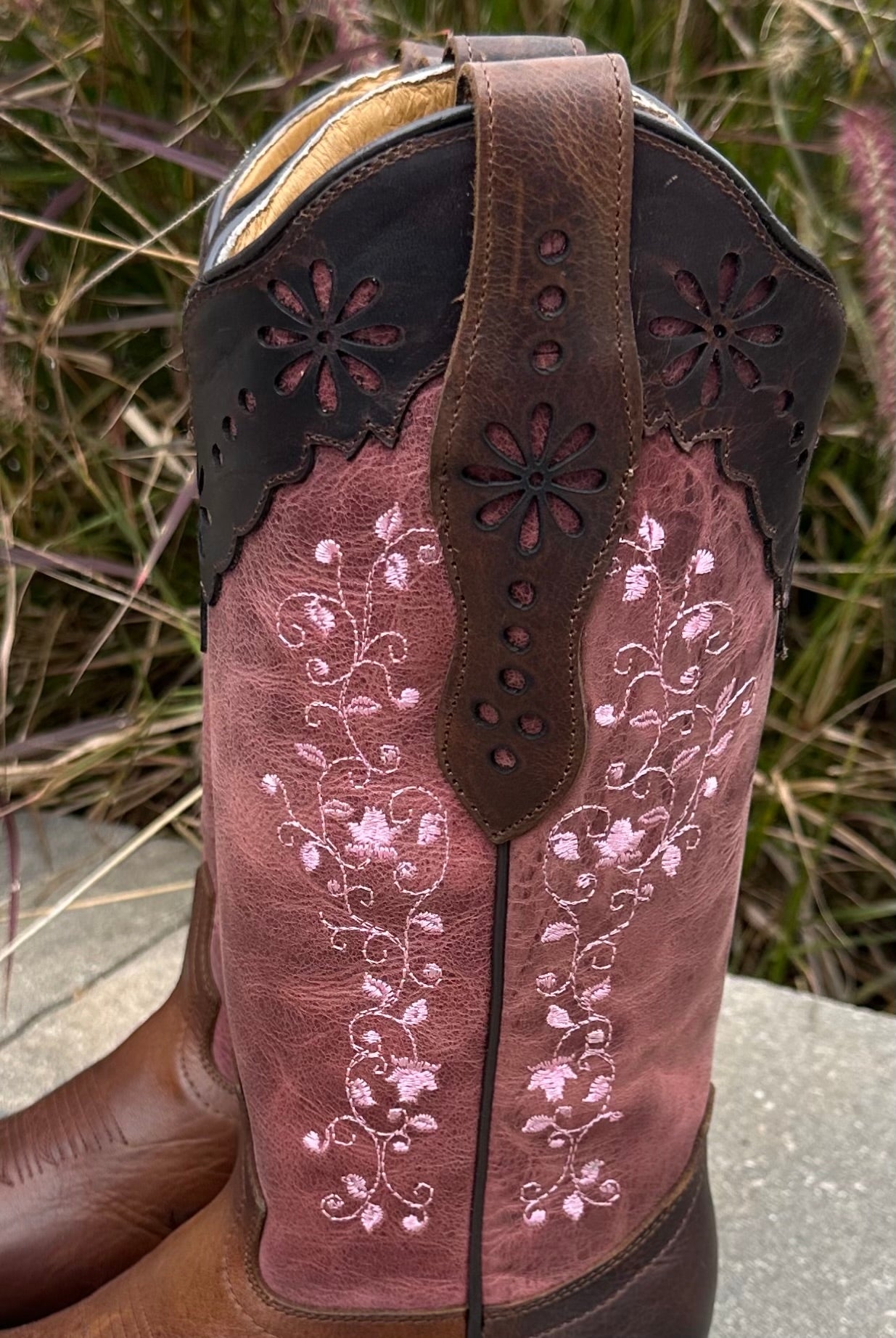 Pink Embroidered Cowgirl Boots-Square Toe Damiana Tan