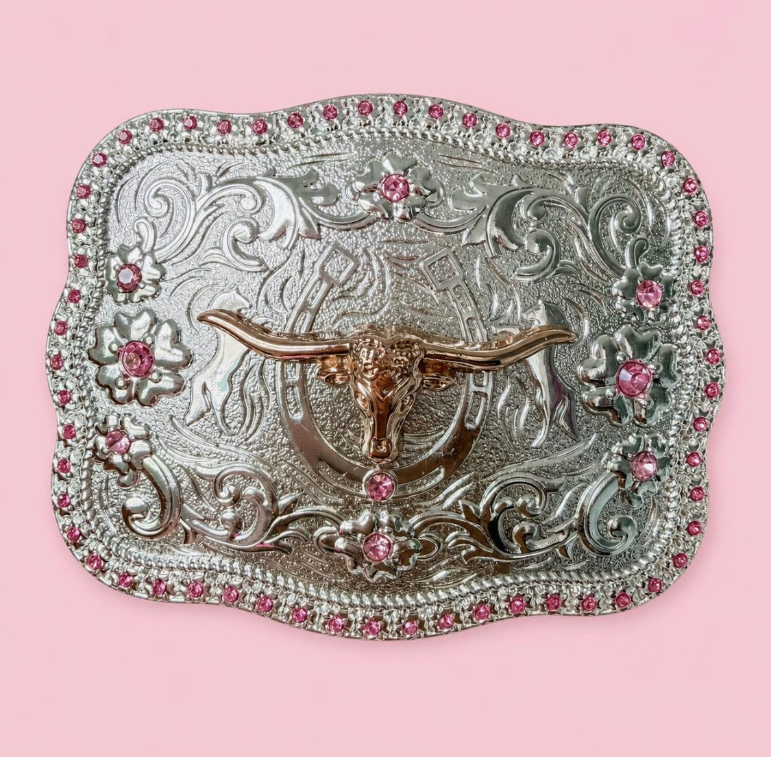 Western Longhorn Steer Pink Belt Buckle