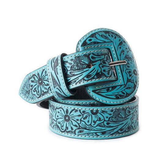 Women’s Hand Tooled Leather Belt-Turquoise
