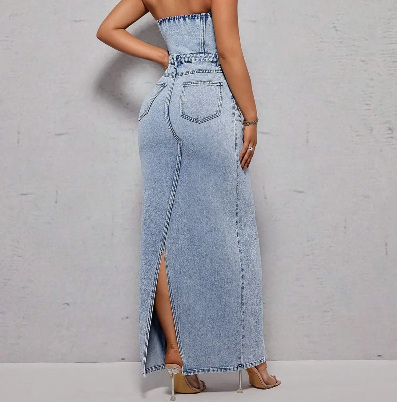 Strapless High Slit Denim Dress-Stone Wash