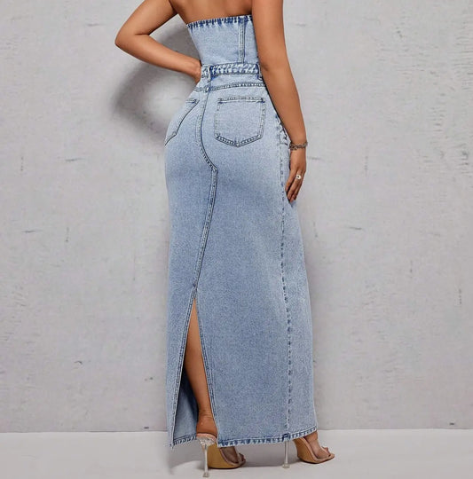 Strapless High Slit Denim Dress-Stone Wash