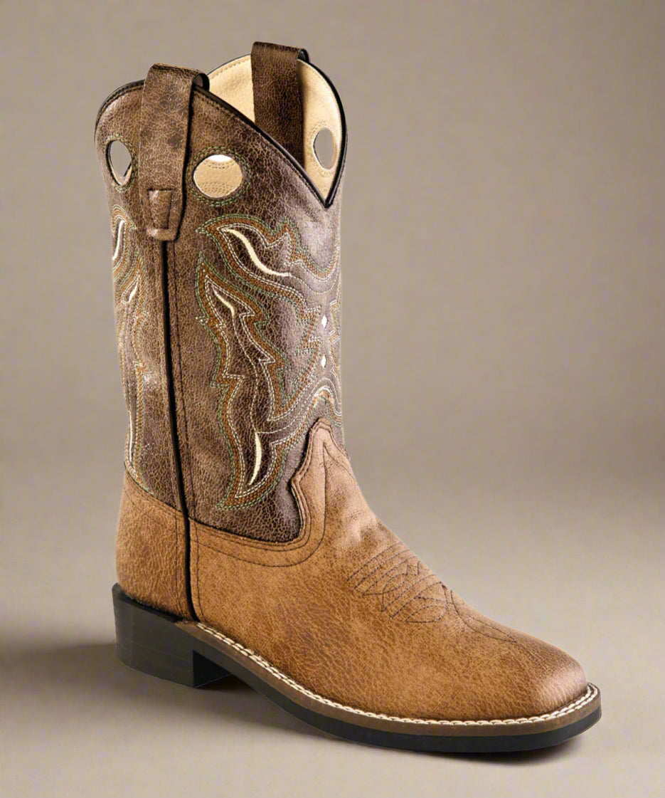 Old West Tan/Brown Little Kids Boots-Broad Square Toe