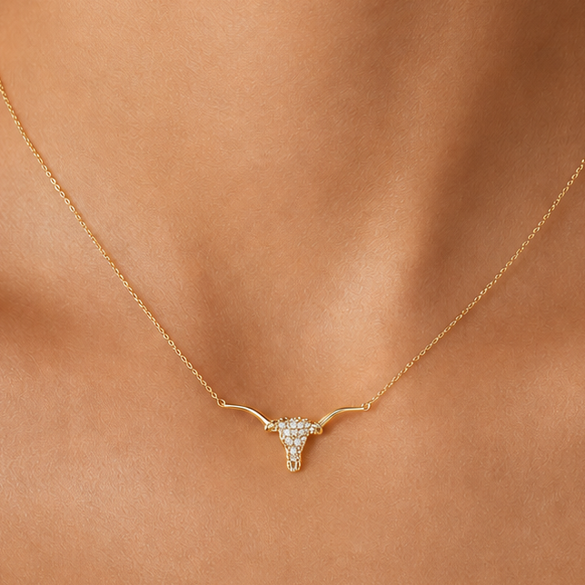 Western Longhorn Skull Necklace-Gold with Cubic Zirconia