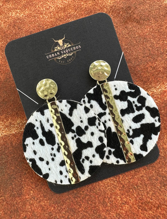Black and White Cowhide Round Dangle Earrings