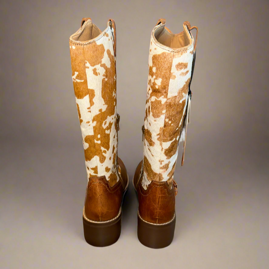 Hairon Cowhide Beige Boots-Round Toe