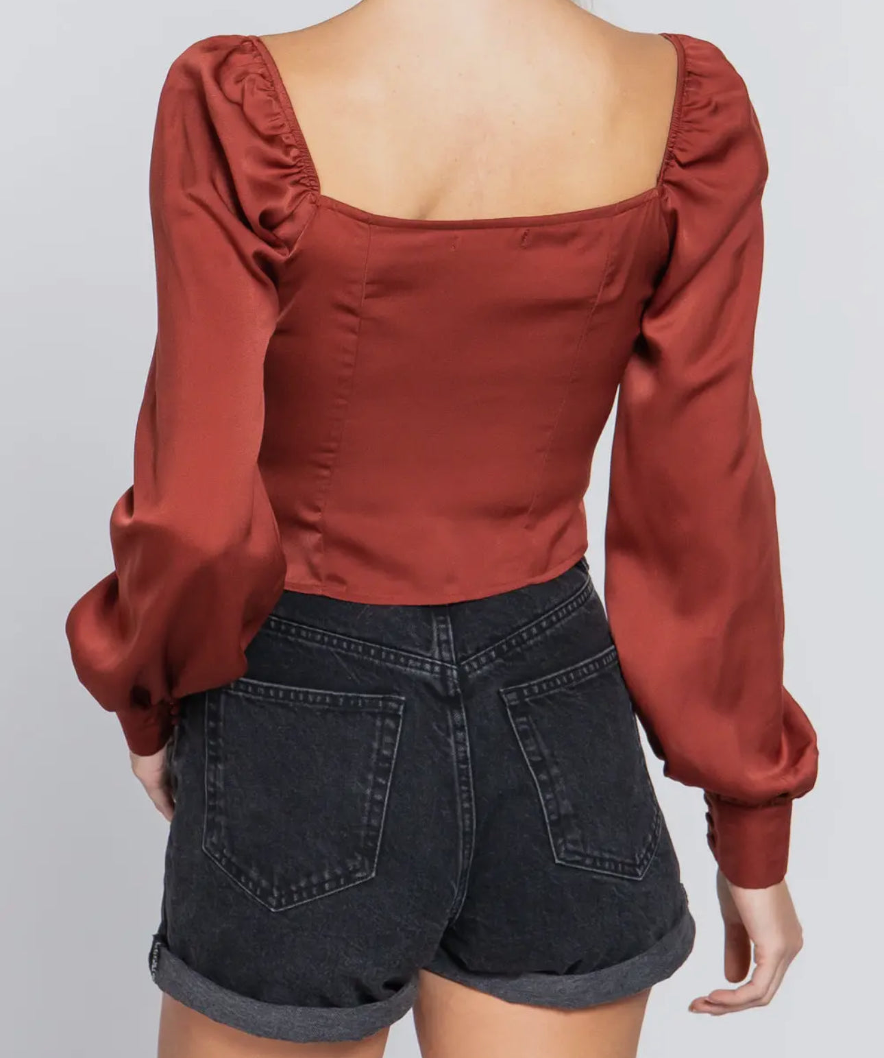 Long Sleeve Sweetheart Neck Front Ribbon Tie Detail Woven Top-Rust