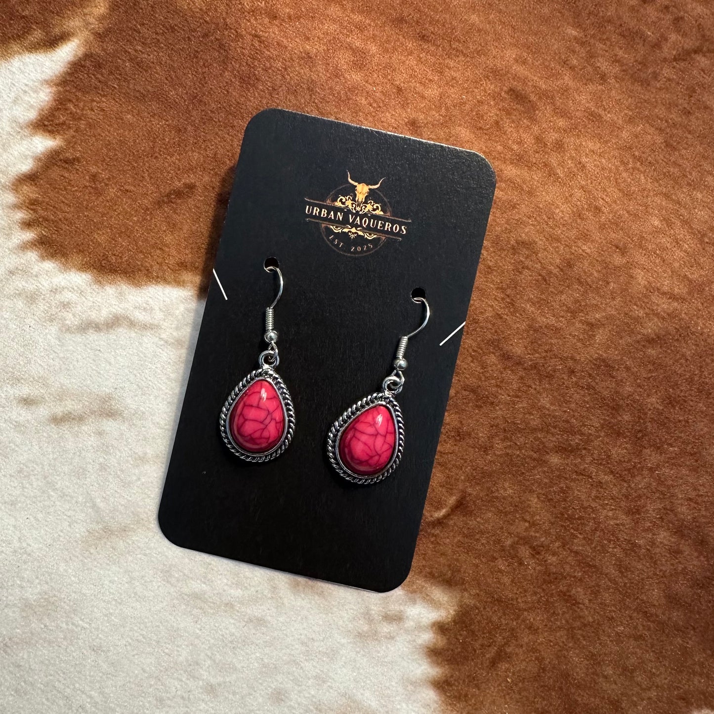Pink Stone Western Teardrop Earrings