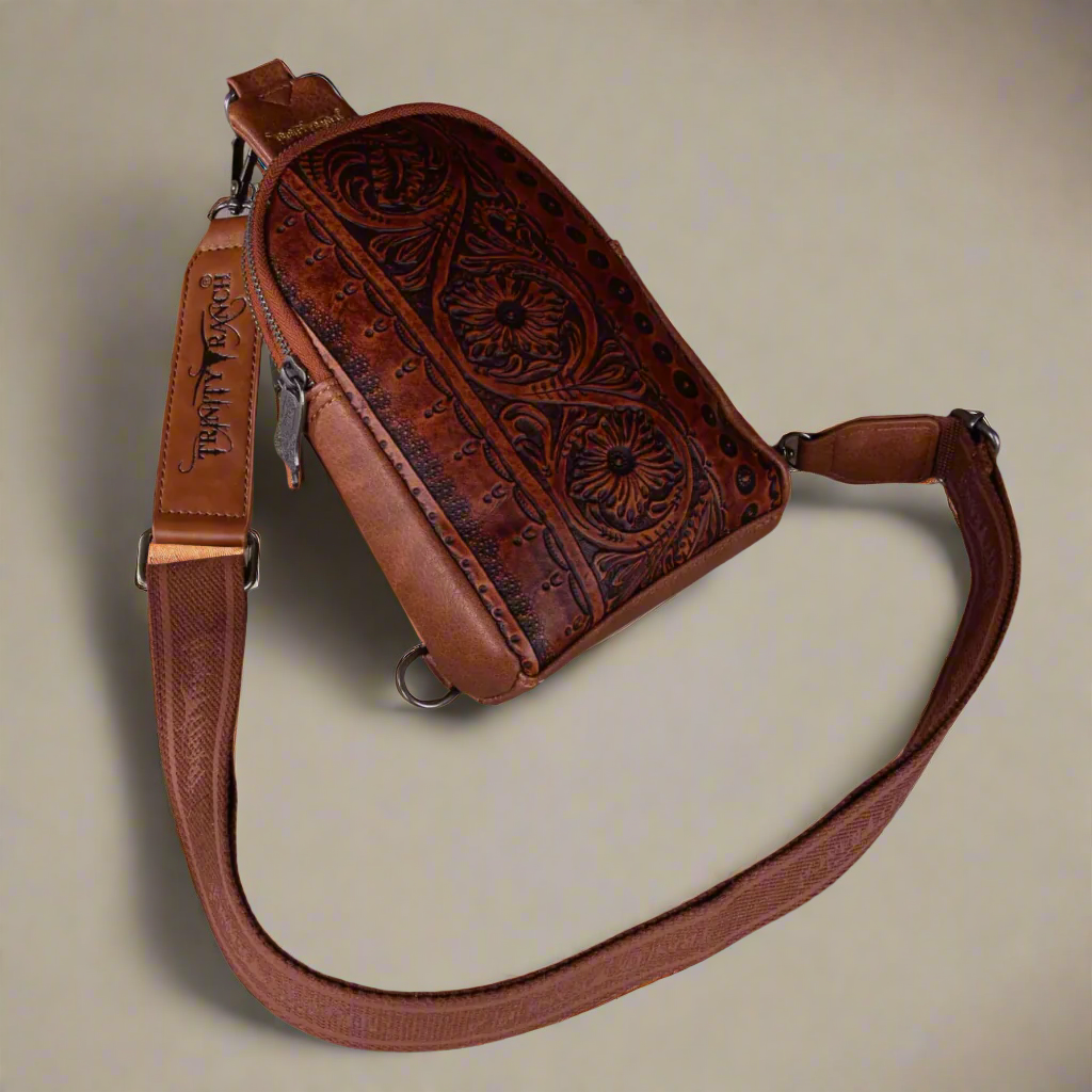 Trinity Ranch Floral Tooled Collection Sling Bag-Brown