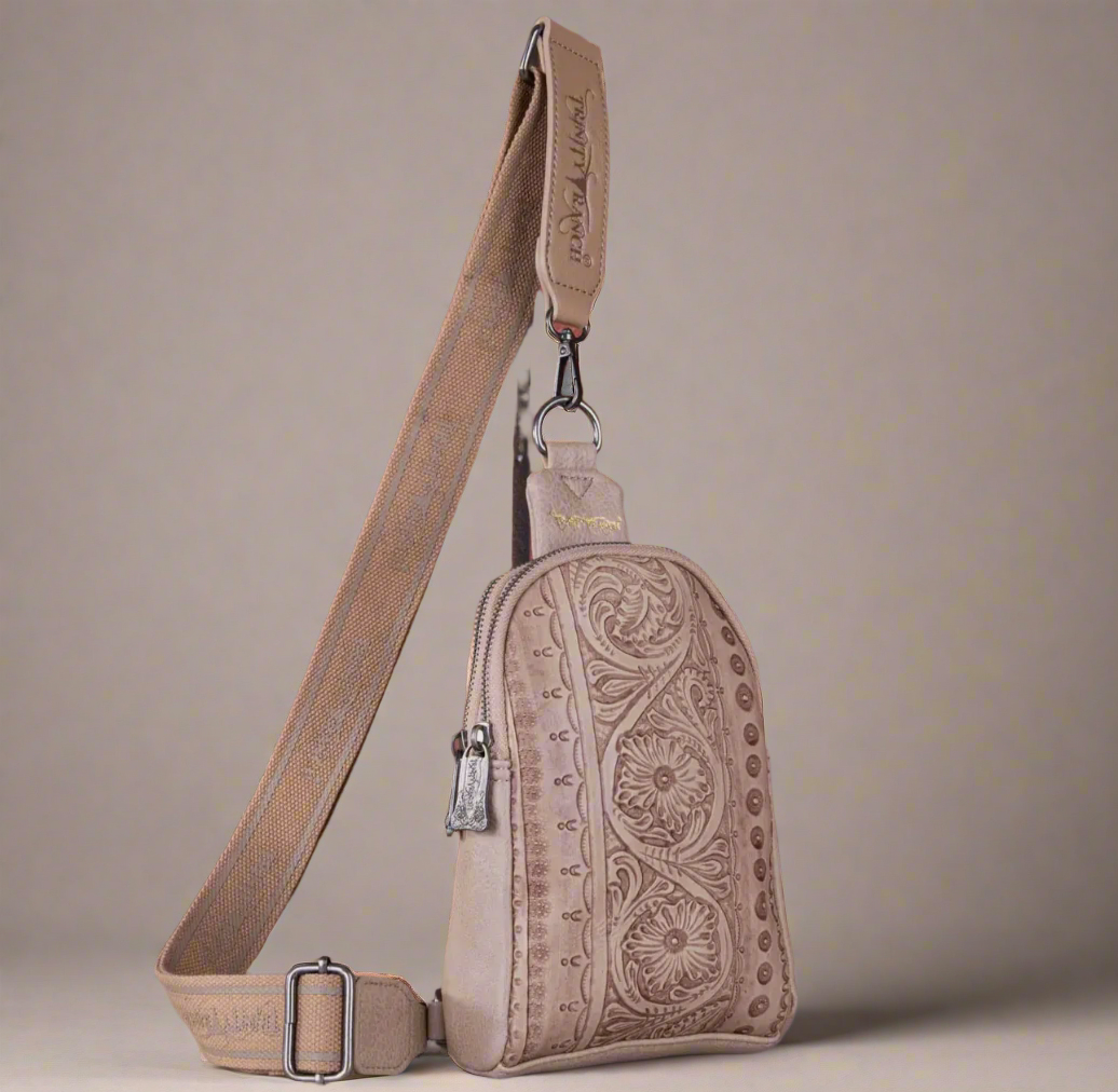 Trinity Ranch Floral Tooled Collection Sling Bag-Tan