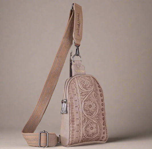 Trinity Ranch Floral Tooled Collection Sling Bag-Tan