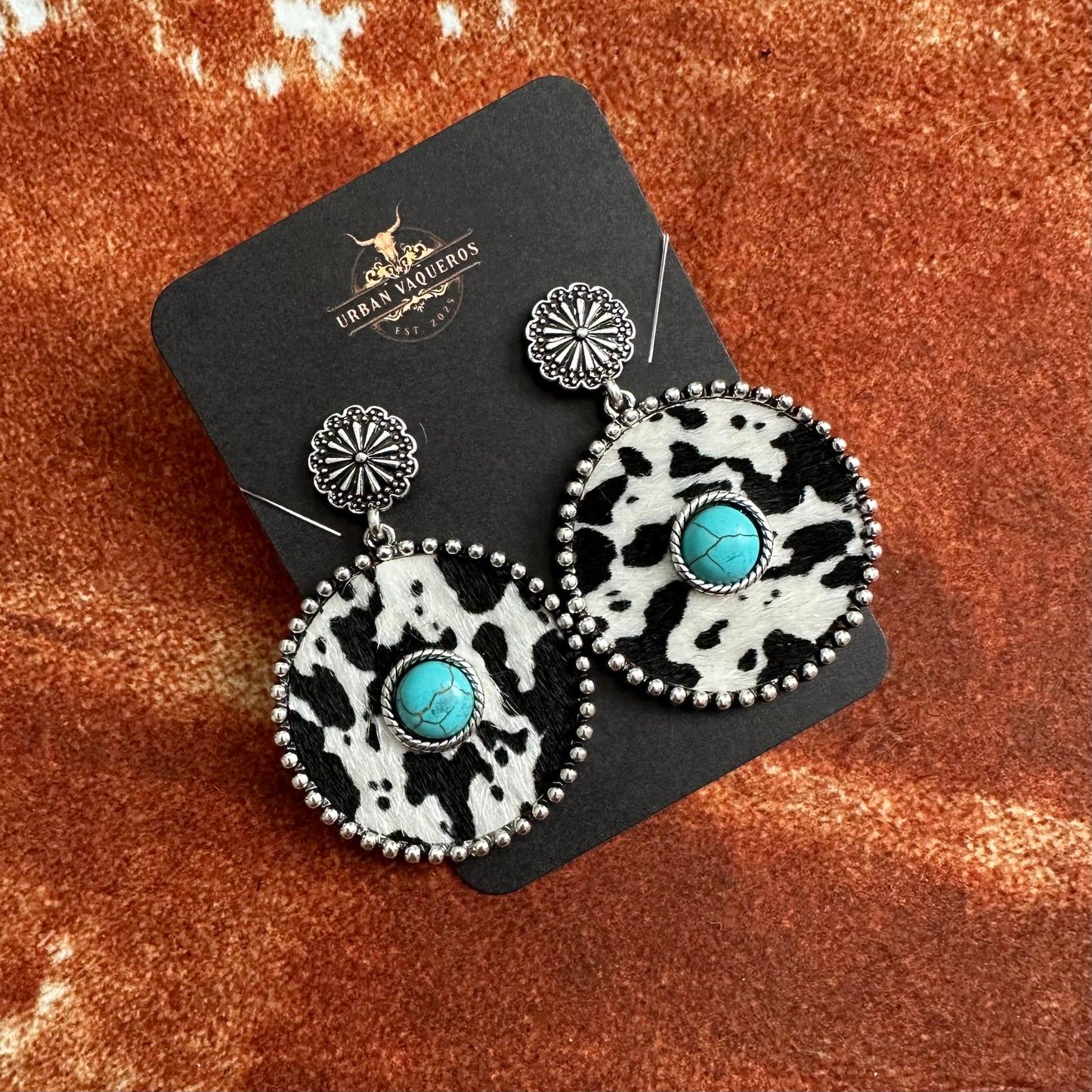 Black and White Cowhide Round Drop Earrings