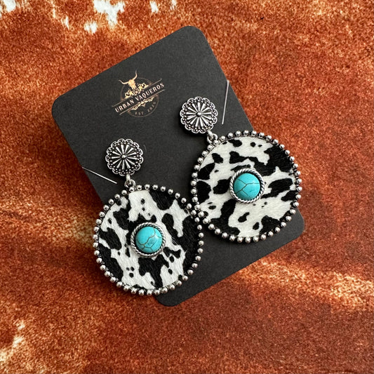 Black and White Cowhide  Round Drop Earrings