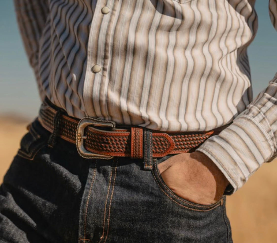 Men’s Stetson Pebble Leather Basket Weave Tabs Belt