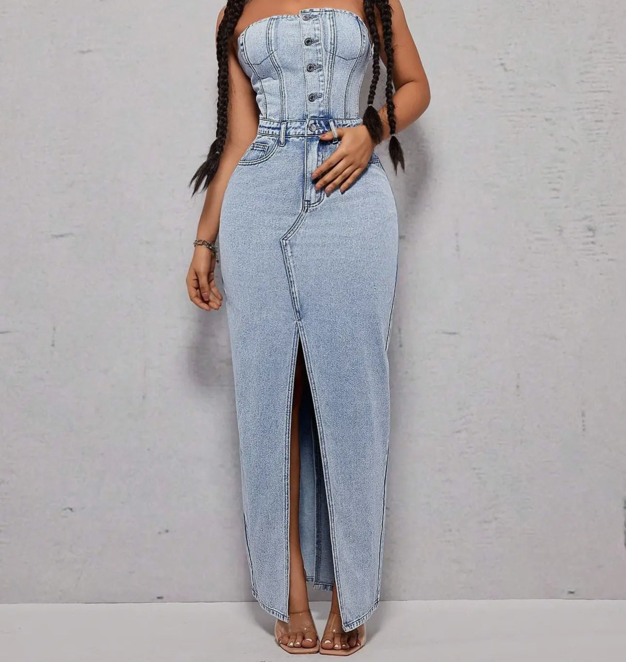 Strapless High Slit Denim Dress-Stone Wash