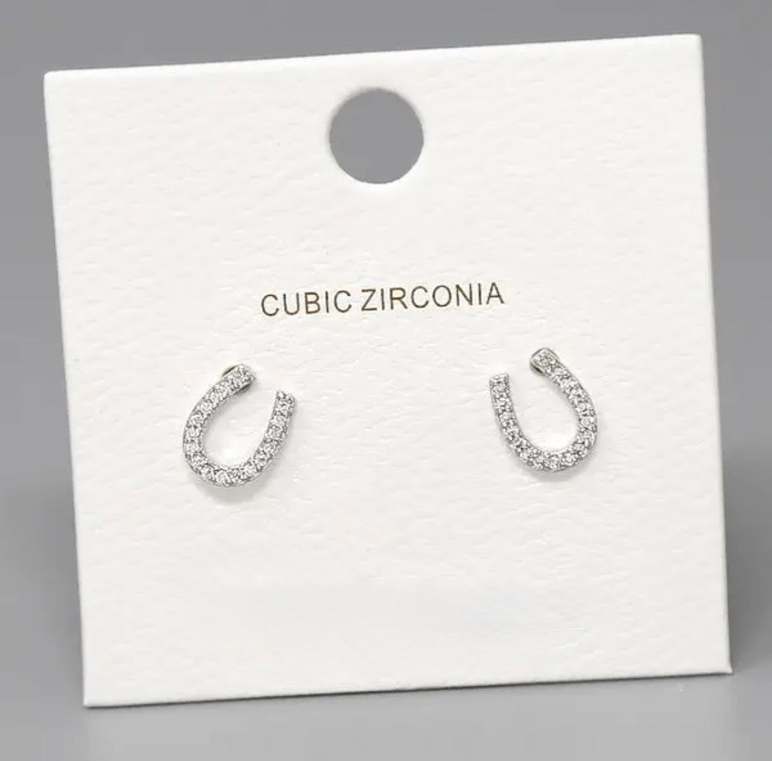 Horseshoe Stud Earrings with Cubic Zirconia-White Gold