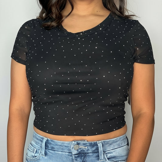 Black Rhinestone Short Sleeve Top