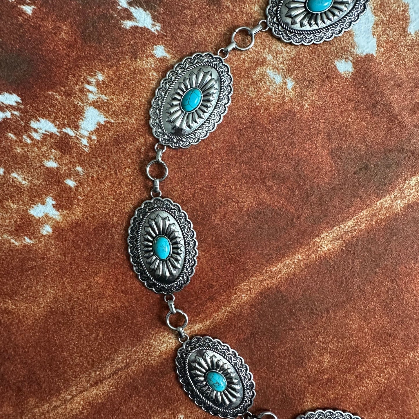 Vintage Carved Metal Cinch with Turquoise Accents Chain Belt