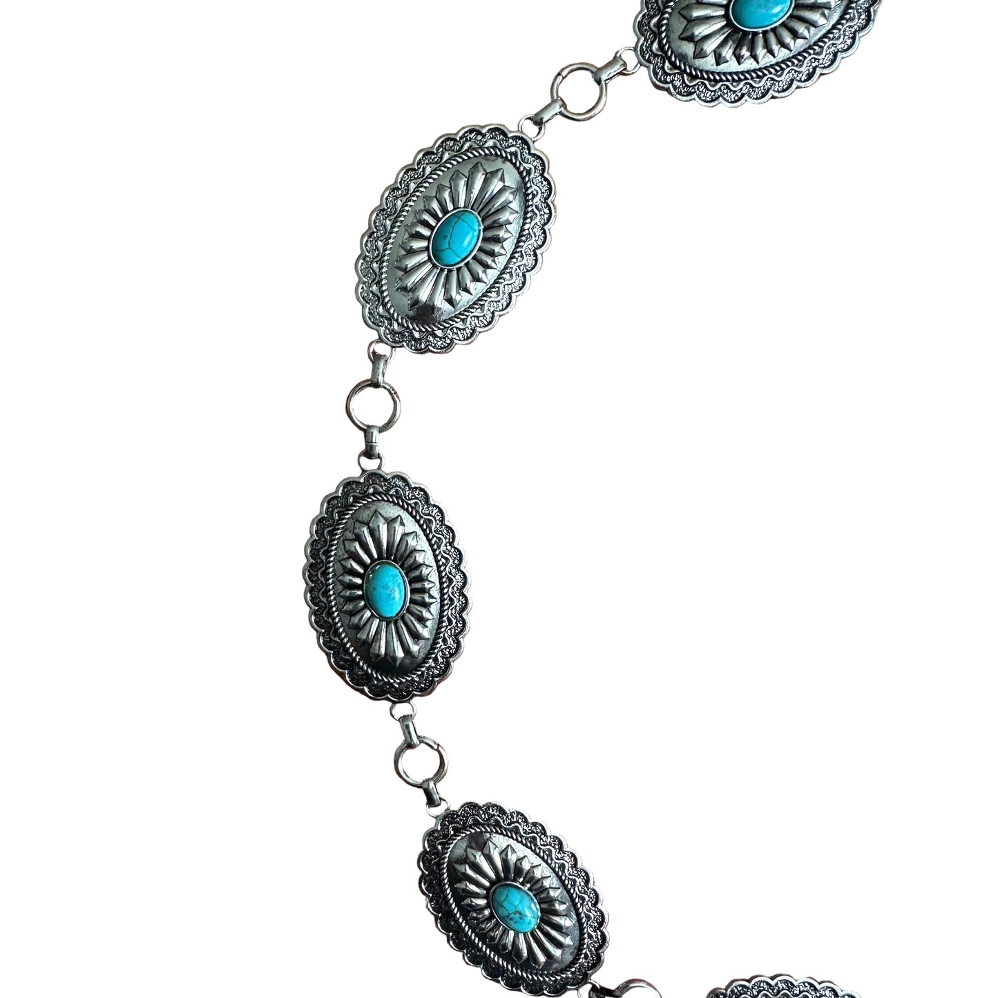 Vintage Carved Metal Cinch with Turquoise Accents Chain Belt