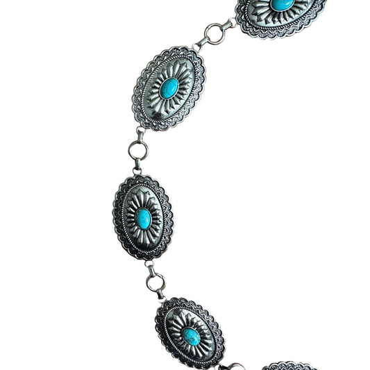 Vintage Carved Metal Cinch with Turquoise Accents Chain Belt