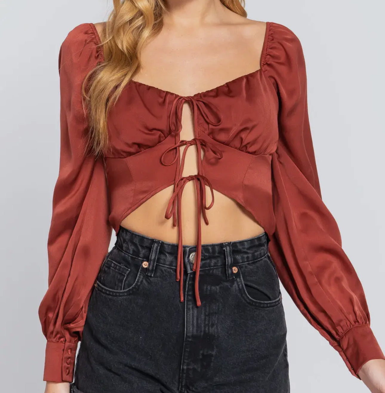 Long Sleeve Sweetheart Neck Front Ribbon Tie Detail Woven Top-Rust