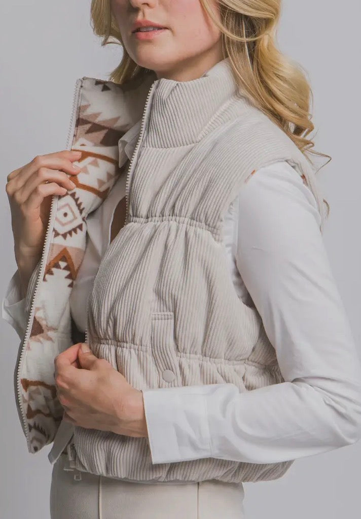 Reversible Aztec Corduroy Western Puffer Vest