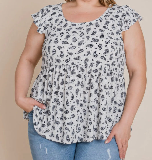 Curvy Paisley Flutter Sleeves Top-Ivory