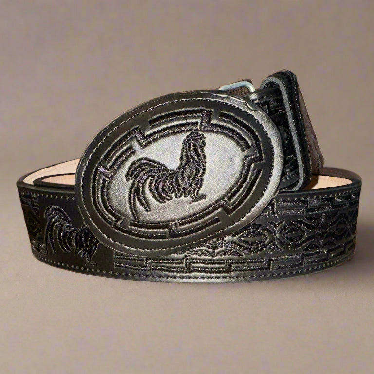Rooster Embroidered Belt-Black