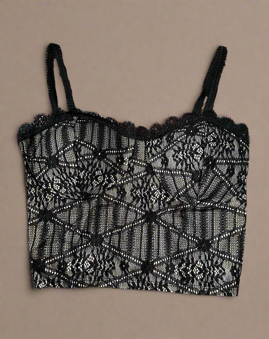 Floral Bralette Bra Crop Lace Mesh-Black