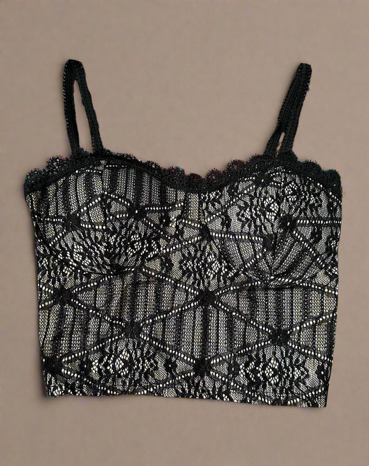 Floral Bralette Lace Mesh Crop Top-Black