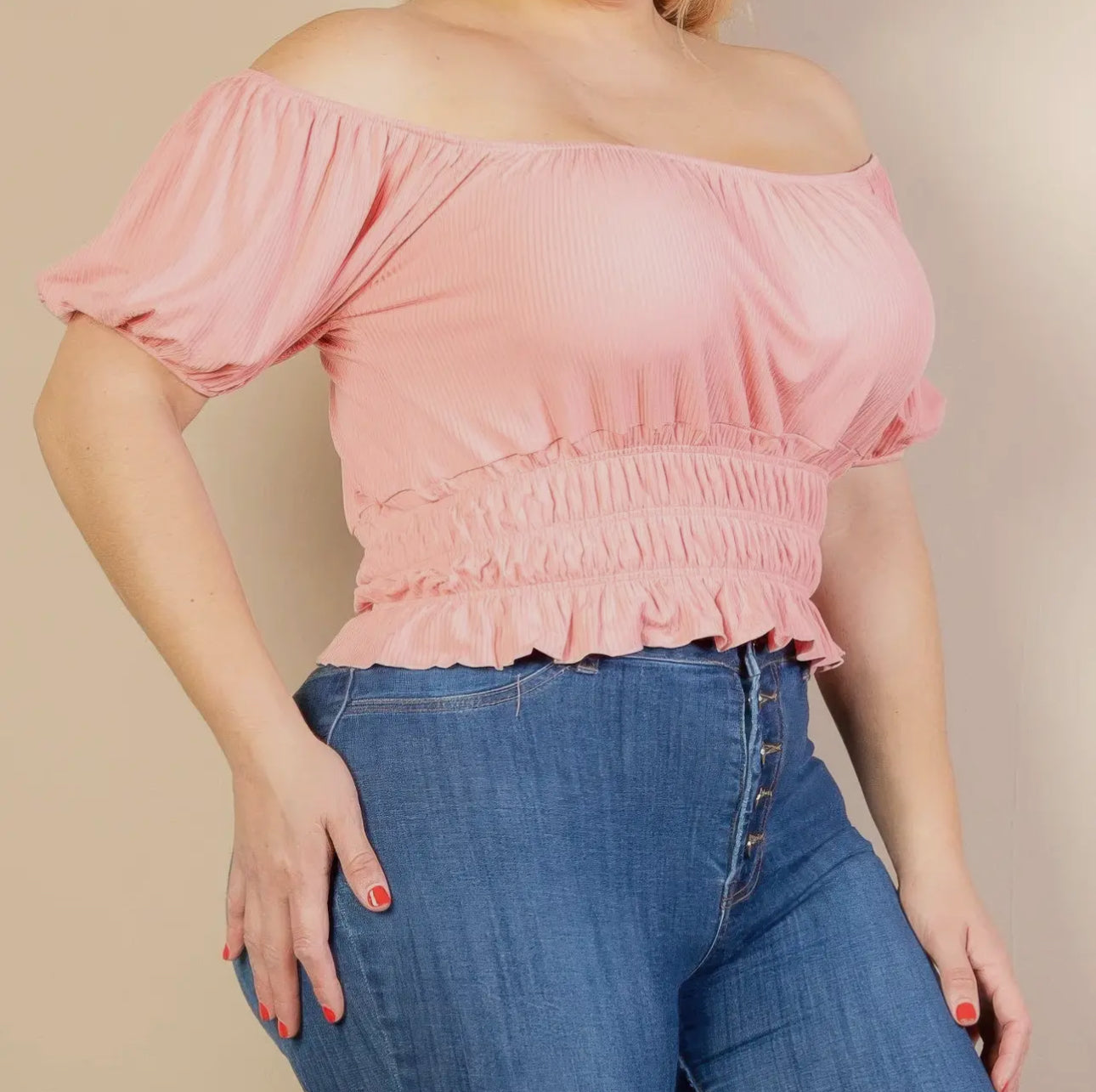 Plus Size Casual Ruched Puff Sleeve Ribbed Knit Solid Top-Blush
