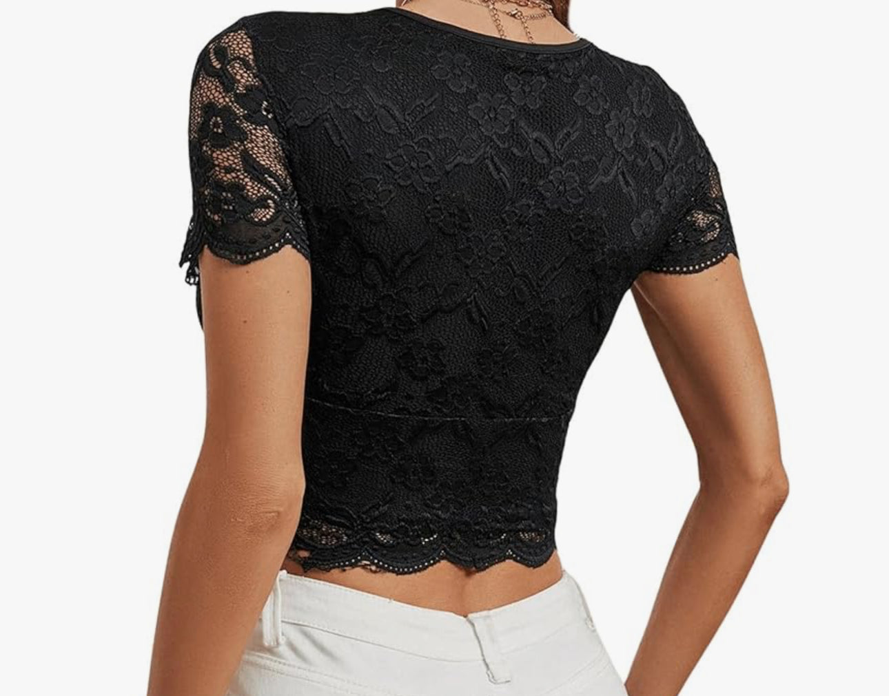Lace V Neck Crop Top-Black