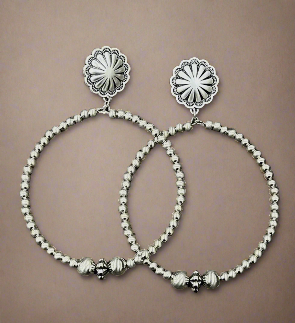Navajo Bead Hoop Earrings-Silver