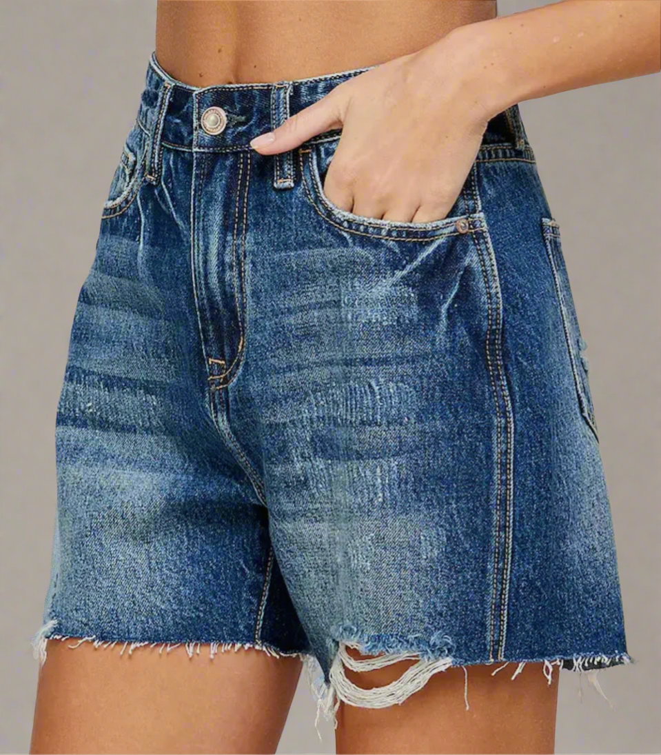 Women’s Boyfriend Midi Super High Rise Raw Hem Denim Shorts-Dark Washed