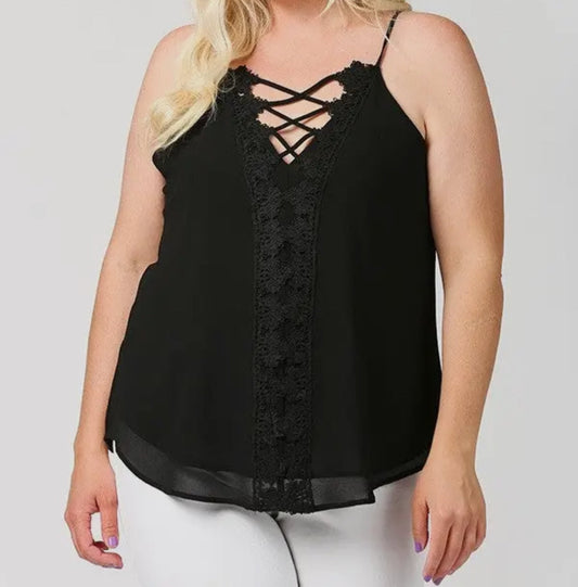 Curvy V-Neckline Lattice Top with Scalloped Lace-Black