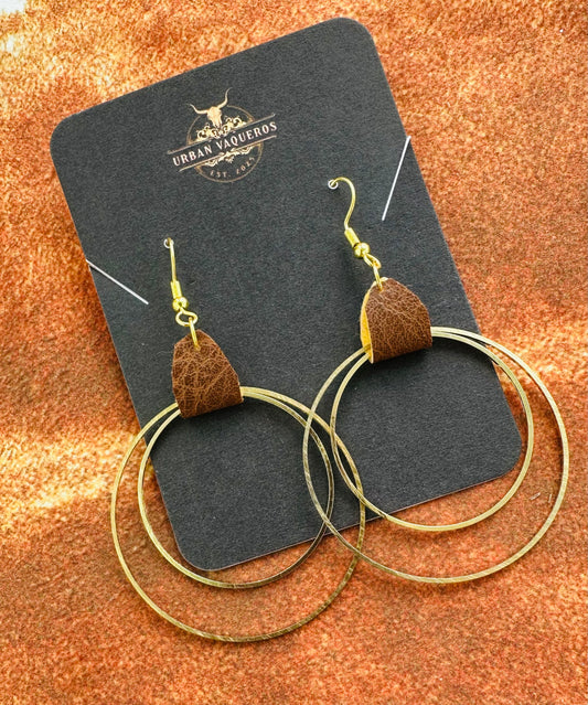 Vintage Bohemian Style Gold Circle Earrings with a Brown Cowhide Texture
