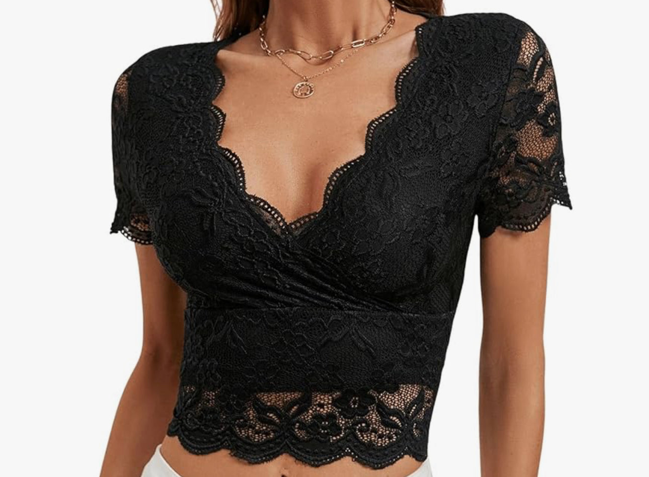 Lace V Neck Crop Top-Black