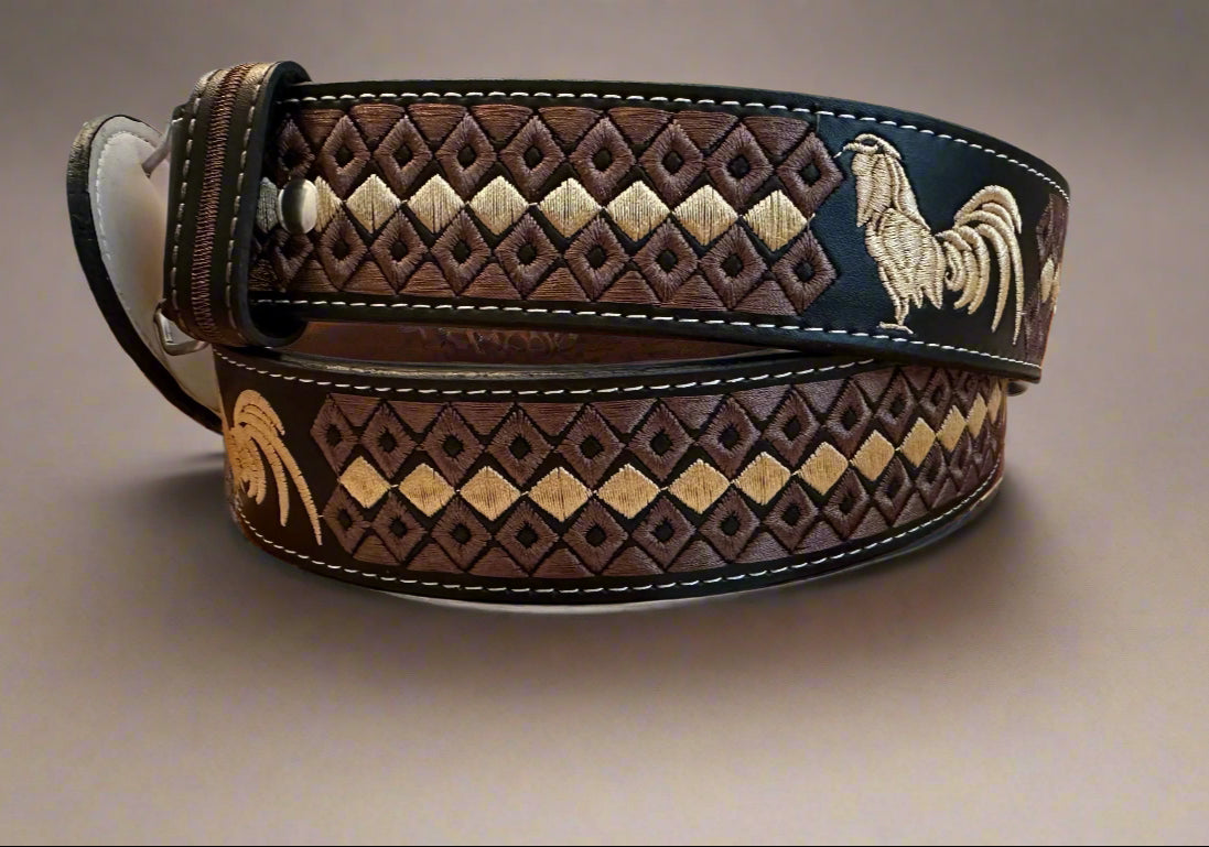 Rooster Embroidered Belt-Coffee