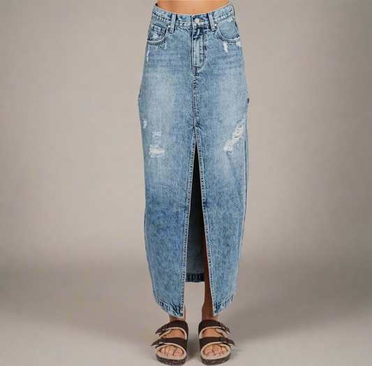 Women’s Destroyed Rigid Maxi Skirt w/ Split Hem Jean Skirt