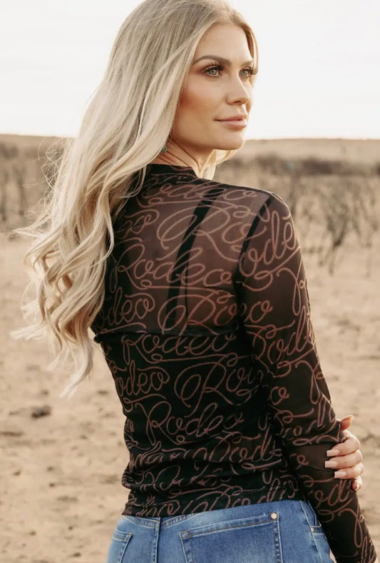 Western Rodeo Long Sleeve Mesh Top-Black