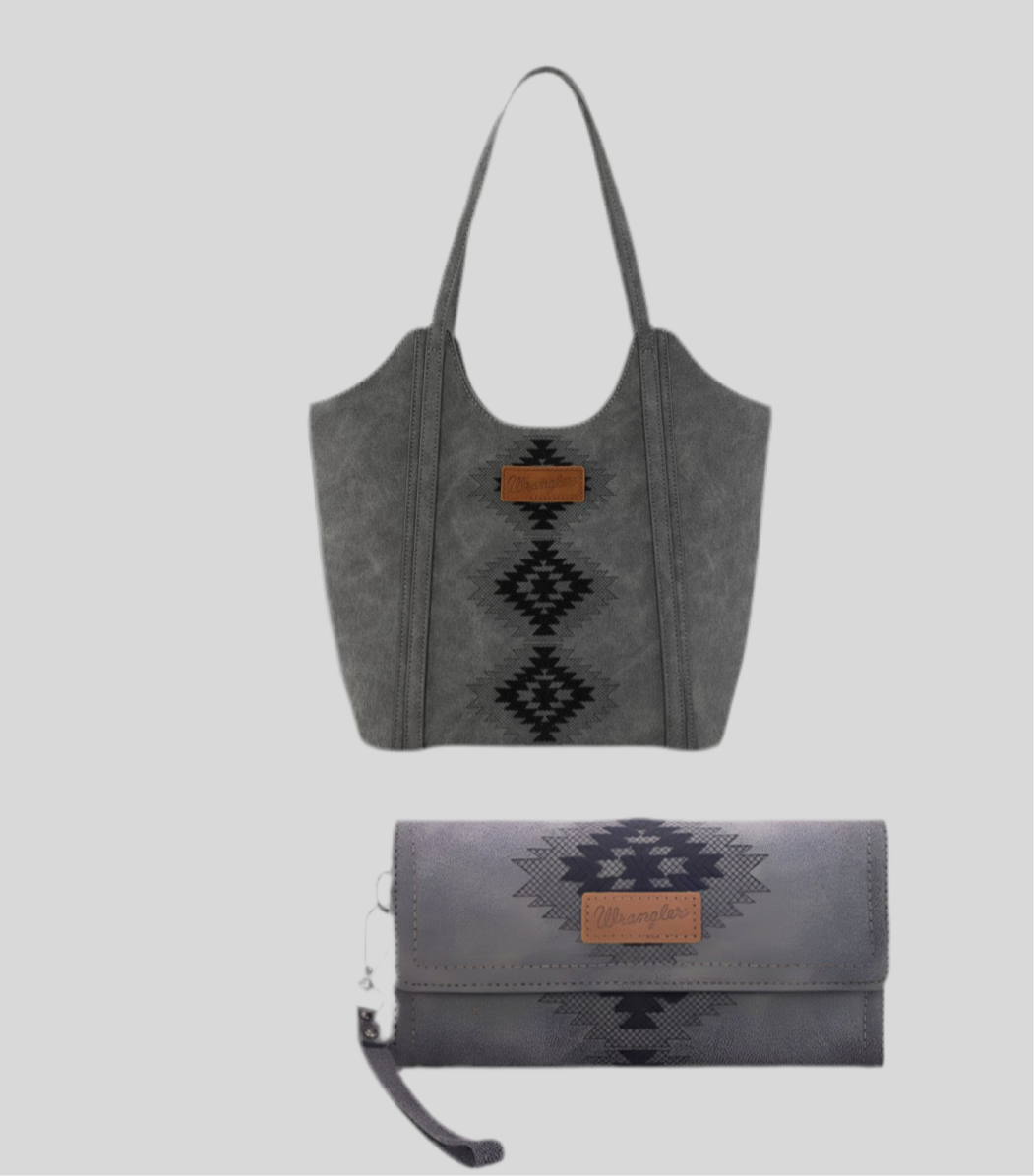 Wrangler Aztec Embroidered Tote Bag and Wallet-Black