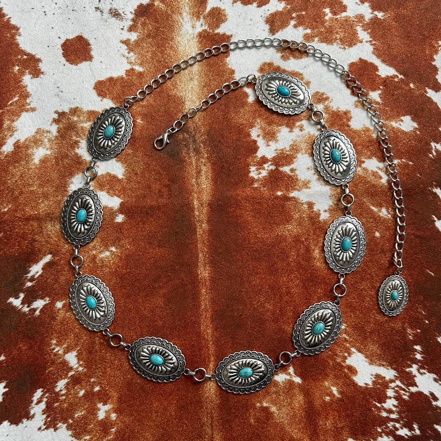 Vintage Carved Metal Cinch with Turquoise Accents Chain Belt
