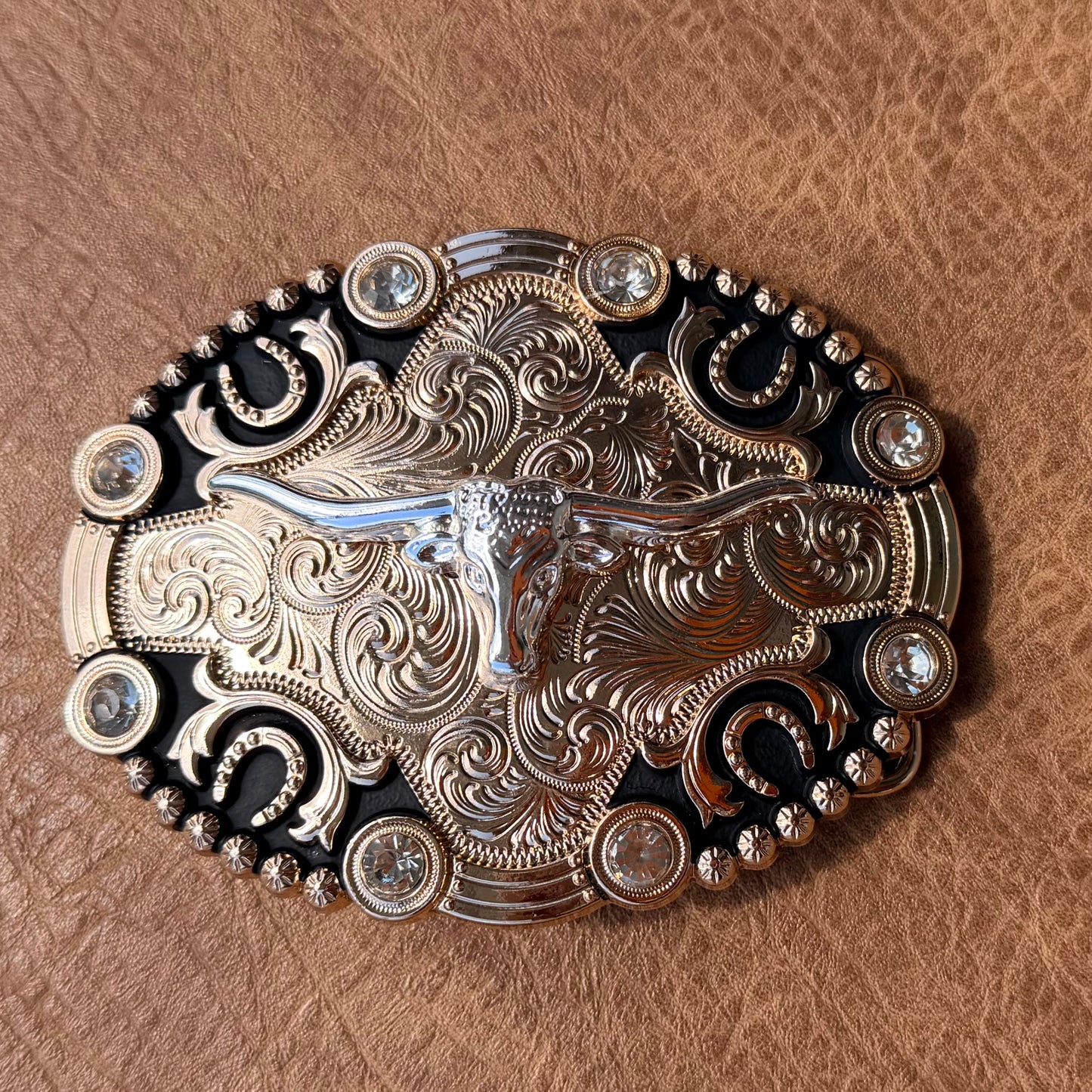 Western Longhorn Horseshoe Belt Buckle