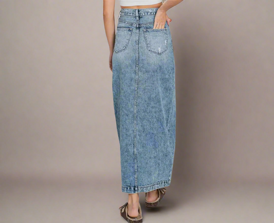 Women’s Destroyed Rigid Maxi Skirt w/ Split Hem Jean Skirt
