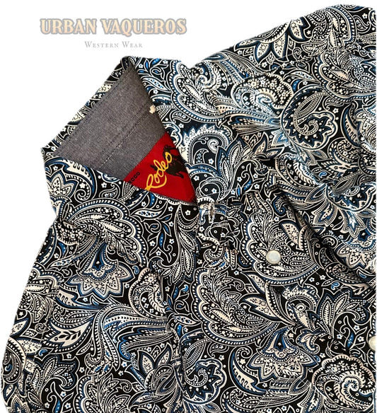 Men's Western Short Sleeve Paisley Pearl Snap-Blue