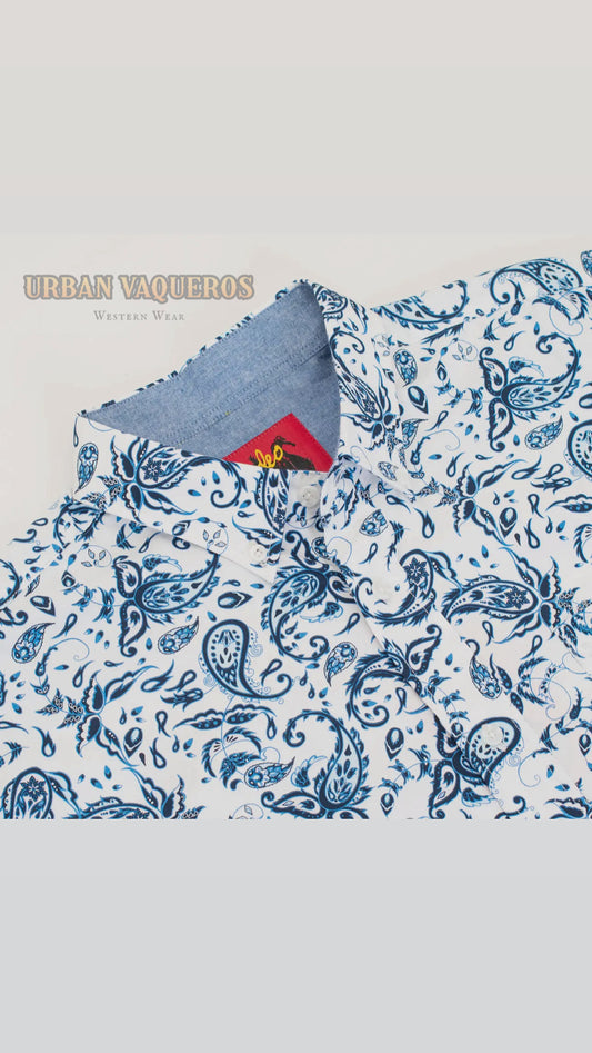 Men’s Western Paisley Button Down Shirt-Blue